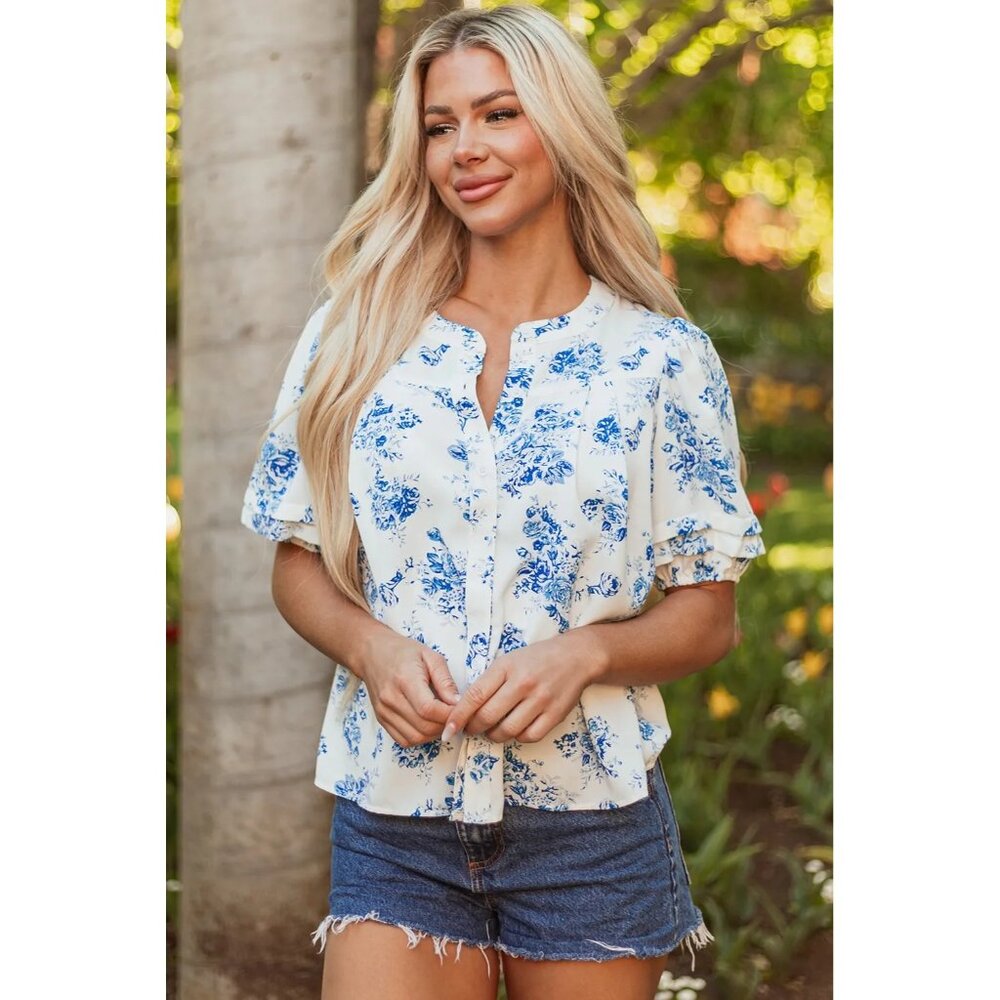 Sky Blue Floral Tiered Puff Short Sleeve Pleated Bust Buttoned  Shirt Size Small